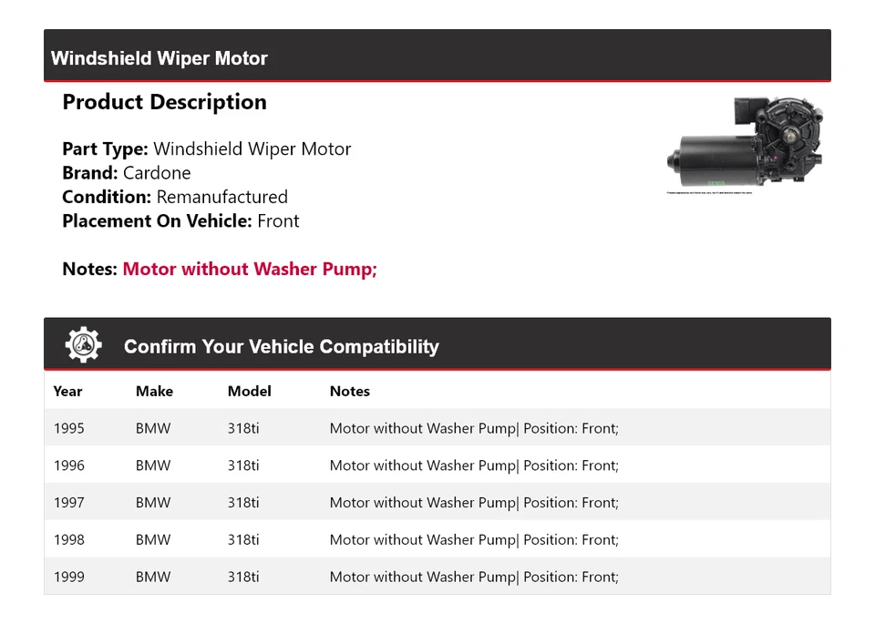 Para BMW 318ti 1995-1999 Limpiaparabrisas Motor Delantero Cardone 1996 1997 1998 Foto 2 de 4