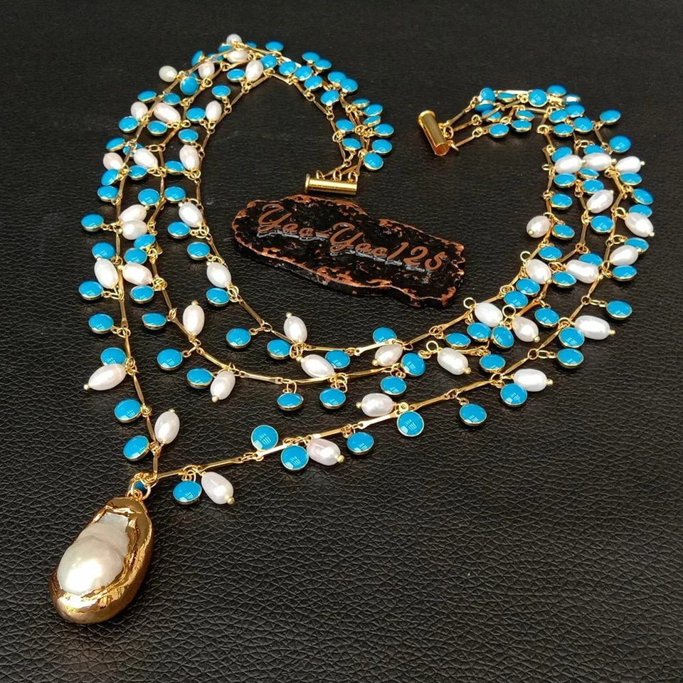 Collar de cadena de perlas Keshi de 3 hilos de 19"" con perlas de arroz blanco y esmalte azul Foto 4 de 4