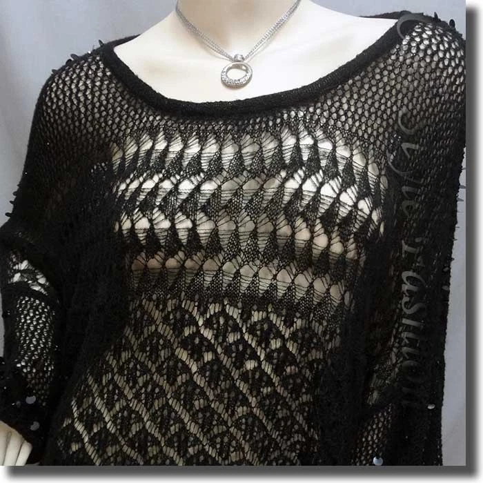 Suéter Top Cuadrado Cuentas Lentejuelas Ojales Tejido Crochet Negro L Foto 2 de 4