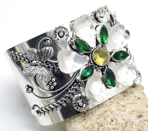 925 Sterling Silver Tourmaline & Citrine Gemstone Jewelry Cuff Bracelet Size-ADJ - Afbeelding 1 van 6