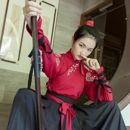 Vestido largo Element Hanfu artes marciales rojo bordado chino - Imagen 3 de 17