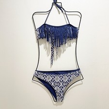 TO THE 9 S Big Girls Swim Bikini Blue White Reversible Fringe Tribal Bandeau 16