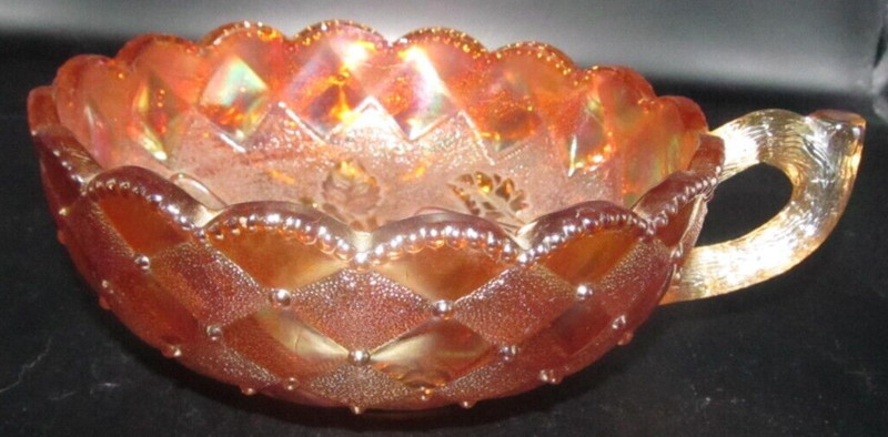 Vintage Marigold Carnival Glass Candy Nut Dish With Handle Leaves Floral