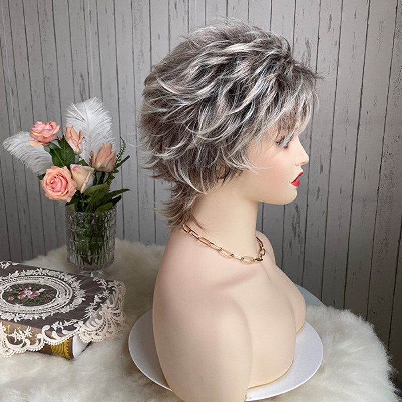 Women Short Blonde Pixie Cut Wigs Grey Curly Ombre Blonde Synthetic