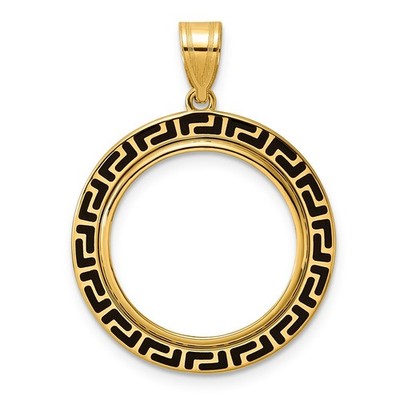 14k Yellow Gold Black Enamel Greek Key with 18.0mm Prong Coin Bezel Pendant