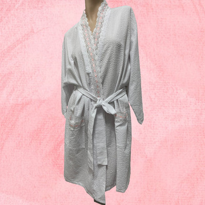 NWT $78 Eileen West K/L Wrap Robe MEDIUM Fuschia/White Check 3/4 Slv 100% Cotton