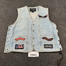 Diamond Plate Biker Vest Men's XL Blue Denim Cotton Patch Work Lace Up Sides