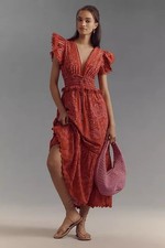EUC Farm Rio Olivia V-Neck Red Flutter Maxi Dress Large