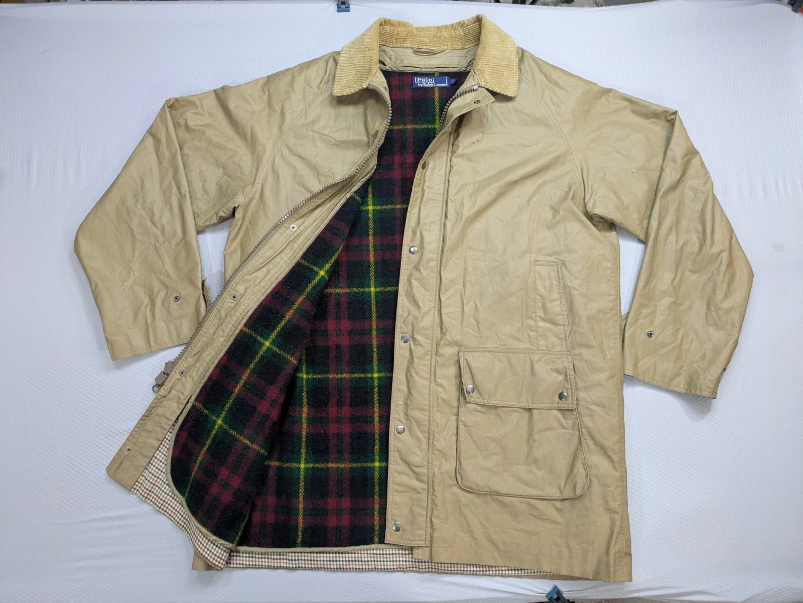 Polo Ralph Lauren Sz L Waxed Cotton Field Chore Fishing Jacket Wool Liner