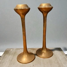 Vtg Brass Half Globe Candlesticks Pair Mid Century Modern Minimalist Taper 7.5"