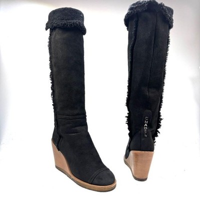 CHANEL long wedge sole Boots Bootie Shoes Women Black COCO MARK | eBay