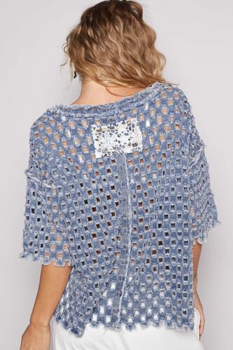 POL Clothing Women's Laser Cut Crochet Short Sleeve Top in Deep Denim - Picture 4 of 6