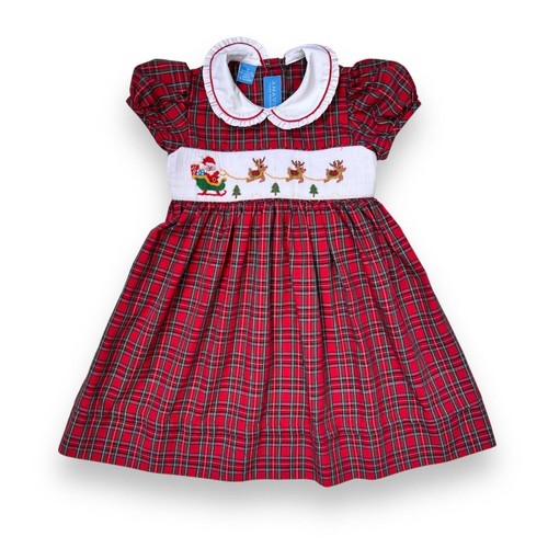 Anavini Hand Smocked Santa Sleigh Girls Red Plaid Holiday Christmas Dress Size 2