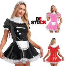 DE Damen Kostüm Latex Dienstmädchen Lack Maid Kleid Französisches Magd Kleid