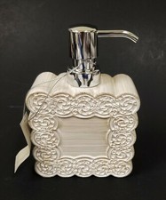 RAYMOND WAITES RESIN BONE,BEIGE,OFF WHITE ROUND CARVED SOAP DISPENSER,SILVER PMP