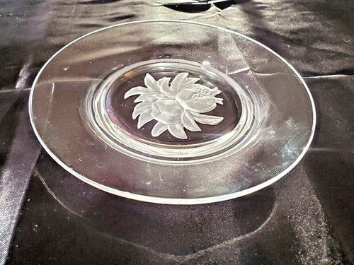 Vintage 8" Salad Plate Etched Relief Frosted Flower Clear Cut Crystal Heavy