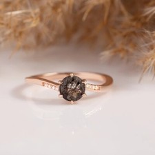 Anillo de cuarzo rutilado negro enchapado en oro rosa solitario para mujer delicado compromiso