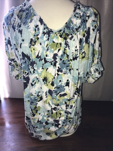 Nwot APT 9 Size xl sz 14 Blue Green Black White elastic Rayon top Summer blouse - Picture 6 of 7