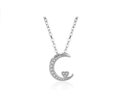 Love Heart Moon Silver White Gold Pave Cubic Zirconia Pendant