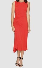 $99 Heather Womens Orange Asymmetrical Shirred Sleeveless Midi Tank Dress Size P