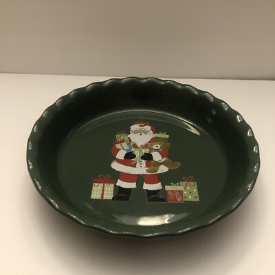 Nantucket Pottery Green Christmas Pie Plate - 10''  Santa With Presents