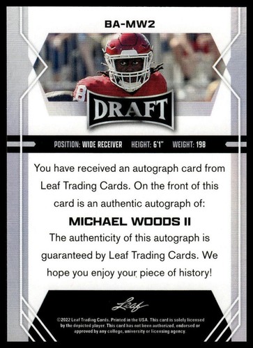 2022 Leaf Draft #BA-MW2 Michael Woods II Autographs - Picture 2 of 2