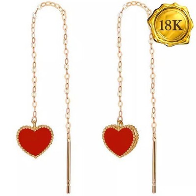 18K MASSIVE GELBGOLD ROTER ACHAT HERZ EINFÄDLER OHRRINGE
