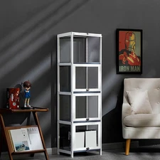 Display Cabinet with Doors, 4 Tier Bamboo Bookcase Collectibles Toy Rack US STOC