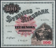 Sweden 100 Kronor 1963 P. 45 Serial Number K447778 in VF+ to XF-