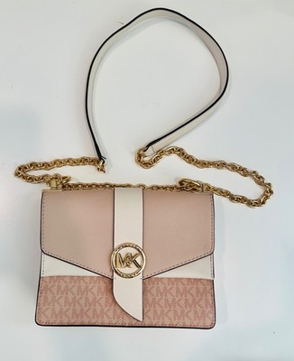 Michael Kors Carmen Small Flap Crossbody Bag Blush Pink MK Logo Chain Strap