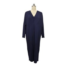 Quince Navy Blue Tencel Modal V-Neck Caftan Dress Womens XS Long Sleeve Midi