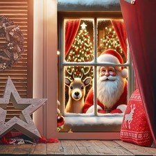 Christmas Window Cover - 31X47 Inch Santa Claus  Reindeer Window Cover, Photogr