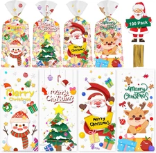 100 Pcs Christmas Treat Bags - Cute Merry Christmas Cellophane Bags, Plastic Chr