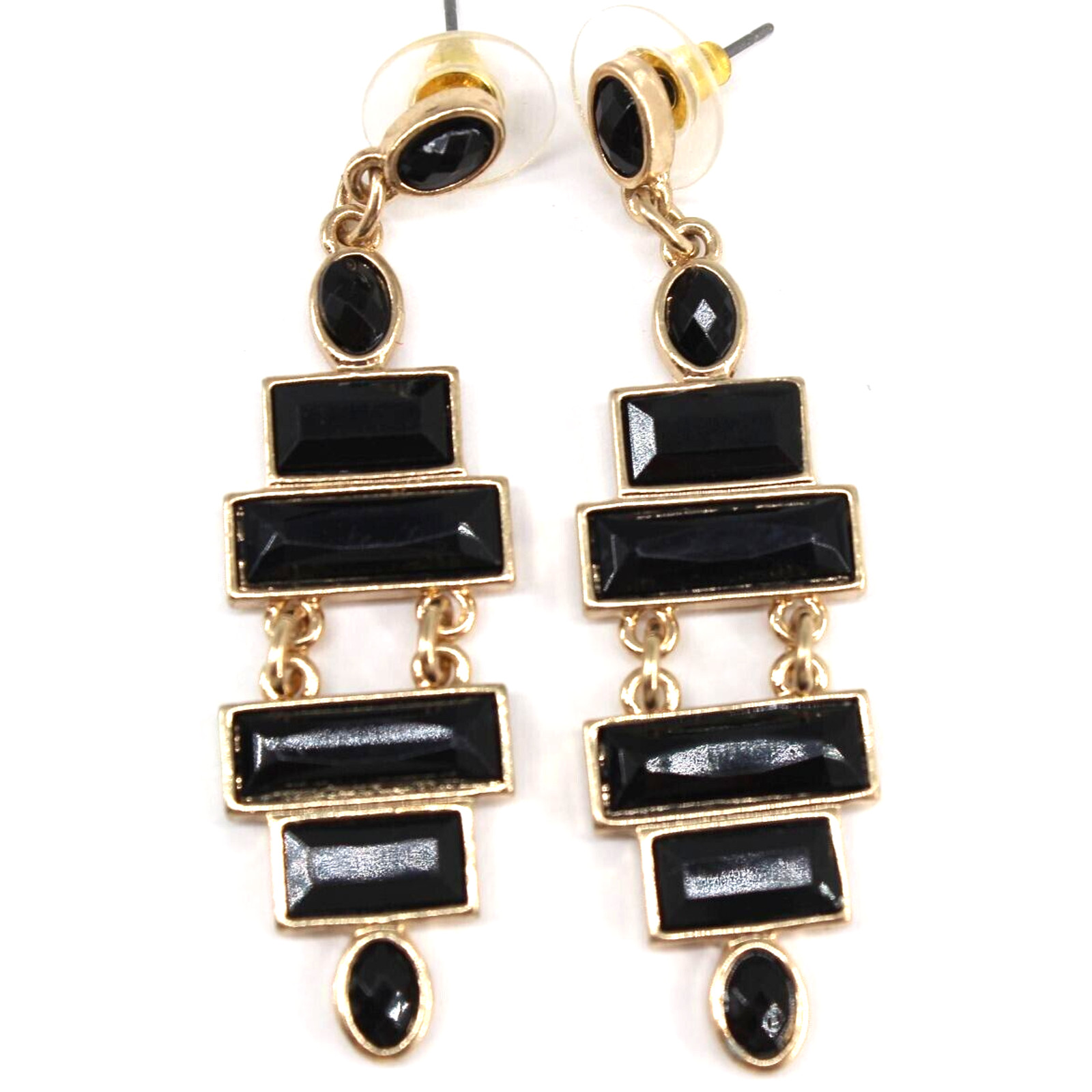 Black Goldtone Dangle Earrings Rectangular Oval F… - image 3