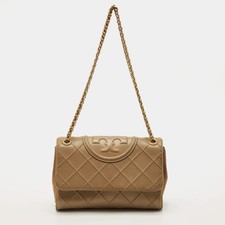 Tory Burch Fleming Beige Quilted Leather Shoulder Bag