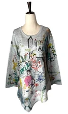 Inoah Shirt Women Medium Gray Artsy Paris Long Sleeve Asymmetric Hem Top Boho