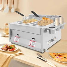 23.74*18.11*13.18" Silver Commercial Dual Tank Kitchen Deep Fryer W/ Basket& Lid