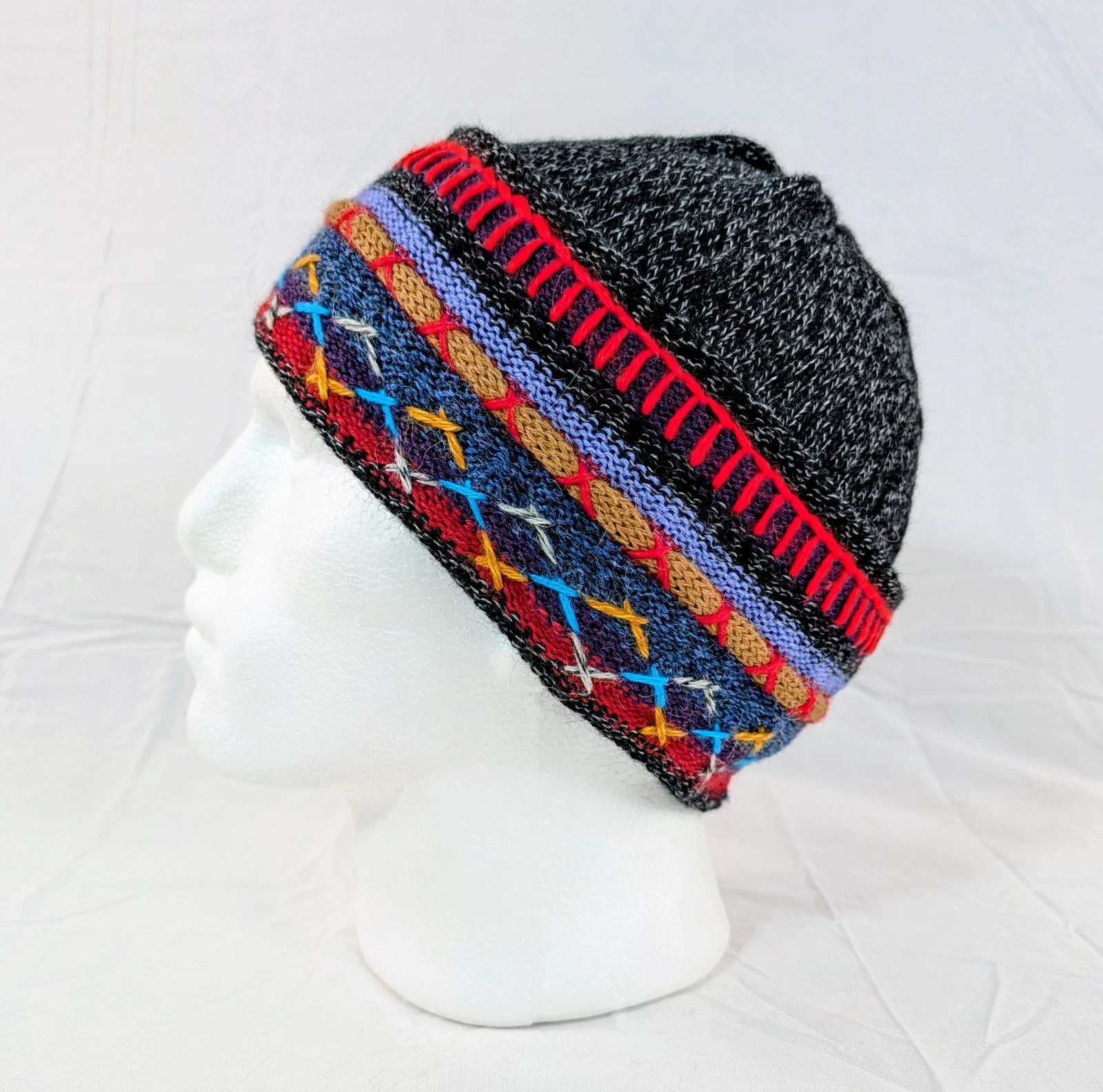Colorful Handmade Soft Alpaca Black Red Beanie Boho Peru