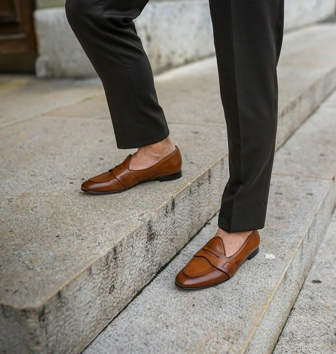 Men Tan Brown Leather Penny Loafer Shoes, Men Classic Peas Shoes | eBay