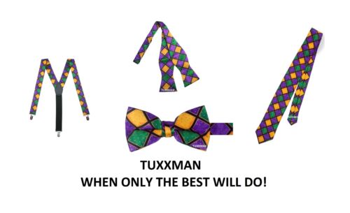 Mardi Gras Clip on suspenders Choice of Tie. Purple Green Gold Diamonds TUXXMAN  - 第 1/4 張圖片