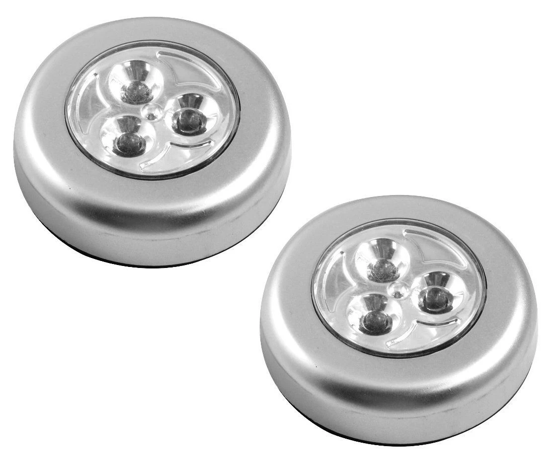 2x LED ROUND LIGHTS STICK N CLICK SELF ADHESIVE BATTERY OPERATED PUSH ON OFF
