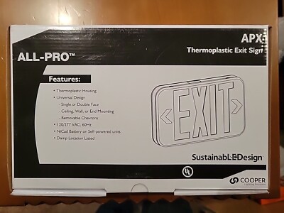 Cooper Lighting APX6G LED Exit Signs, AC Only - White/ Green Letters NIB!
