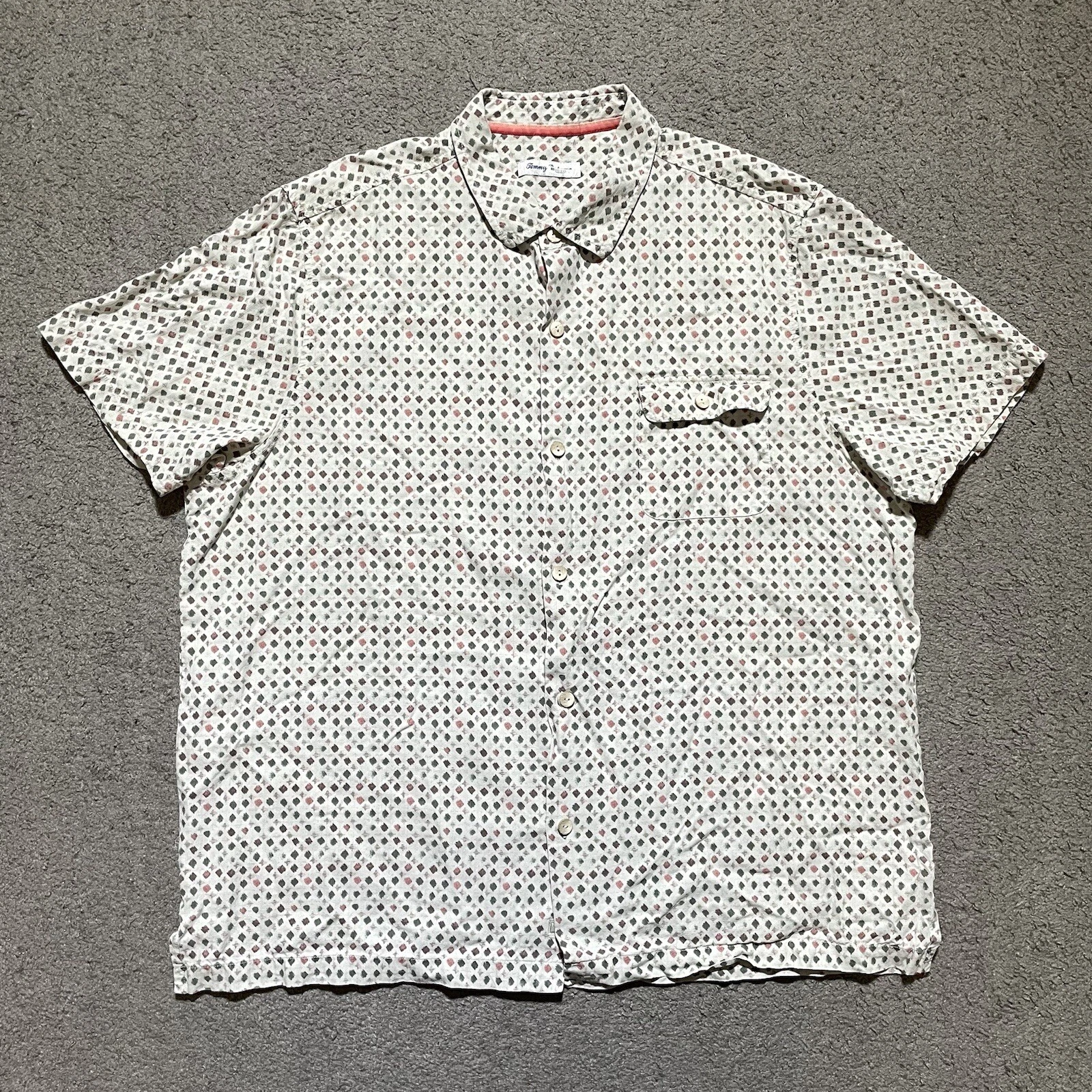 Tommy Bahama Shirt Mens 2XL White Short Sleeve Silk Button Up Geometric Beach