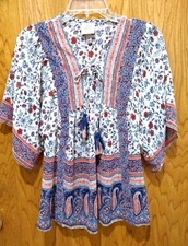Knox Rose short sleeve tunic blouse *XS Split neck tassel tie Butterfly sleeves