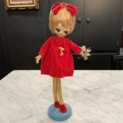 Vintage Posable Doll Big Eyes Made In Japan 1960s 14.5” On Stand