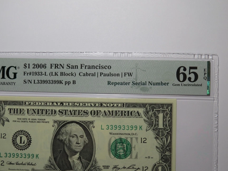 $1 2006 Fancy Repeater Serial Number Federal Reserve Currency Bank Note 33993399 - Image 2 of 3