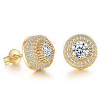 Unisex 14k Gold Plated Round Cubic Zirconia Halo Hip Hop 10mm Stud Earrings PE50