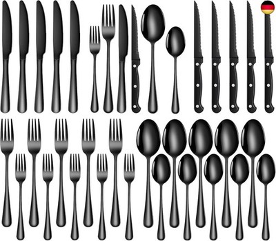 TAN REN Besteck Set Schwarz 6 Personen, 36-Teiliges Edelstahl Besteckset
