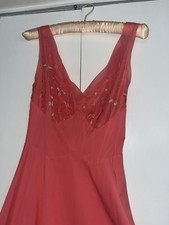 VTG Vanity Fair Nightgown Slip Coral Pink Sz 34 Chiffon Floral Embroidery 1960s