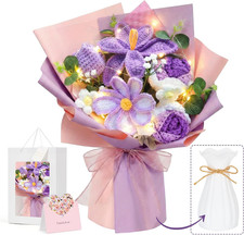 Crochet Flower Bouquet, Purple Handmade Knitted Flowers with Lights  Vase